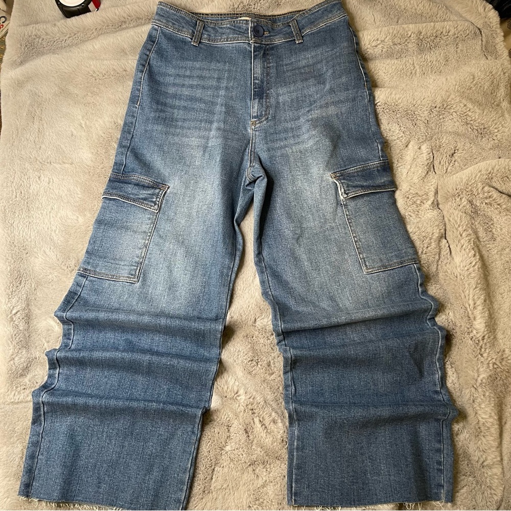 OAT New York High-Rise Cargo Wide Leg Jeans Utility Denim 10/30 Blue Casual - Picture 2 of 12